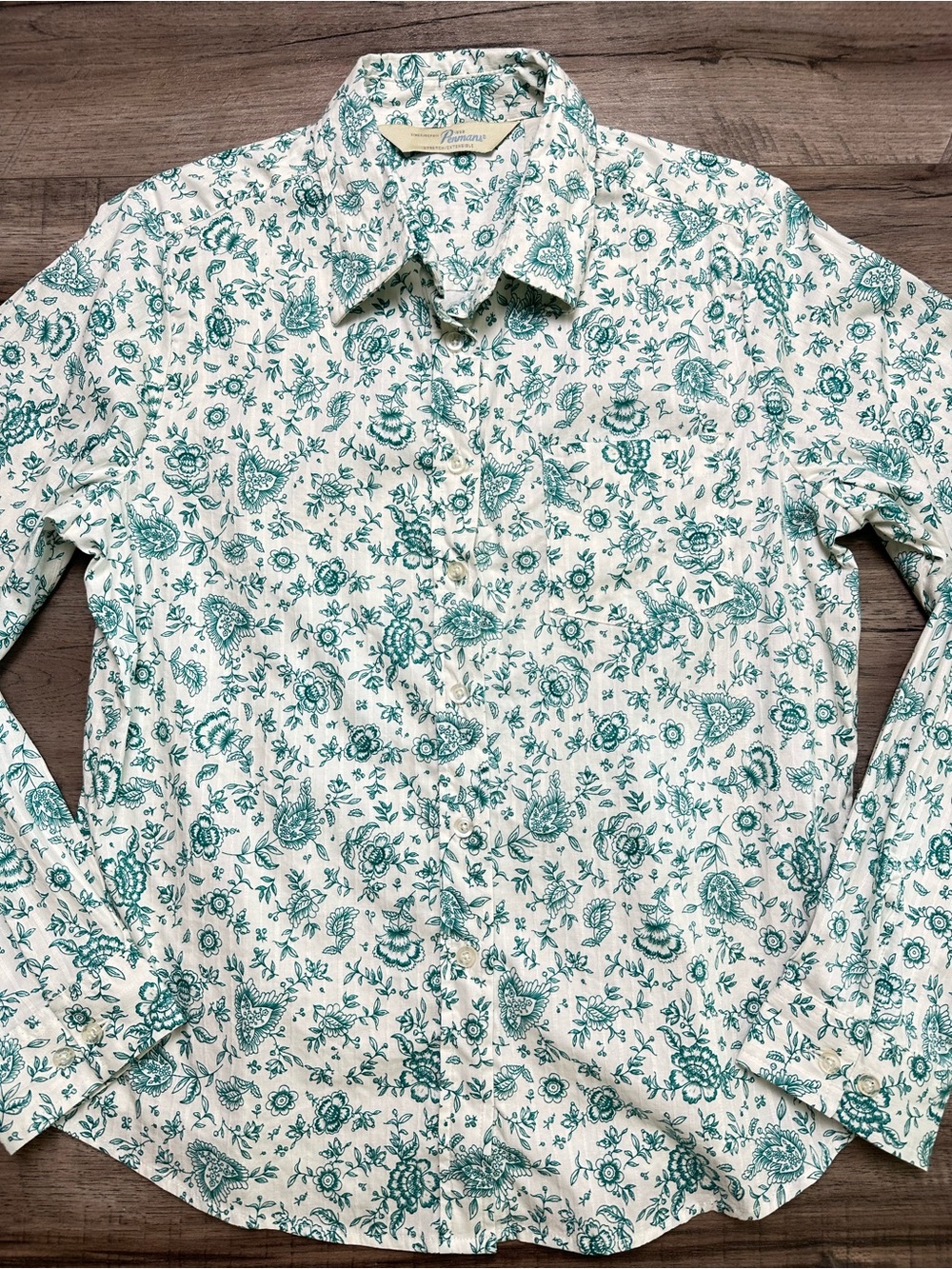 Vintage Penmans Blue Floral Button Down Long Sleeve Cotton Shirt Blouse Cottage